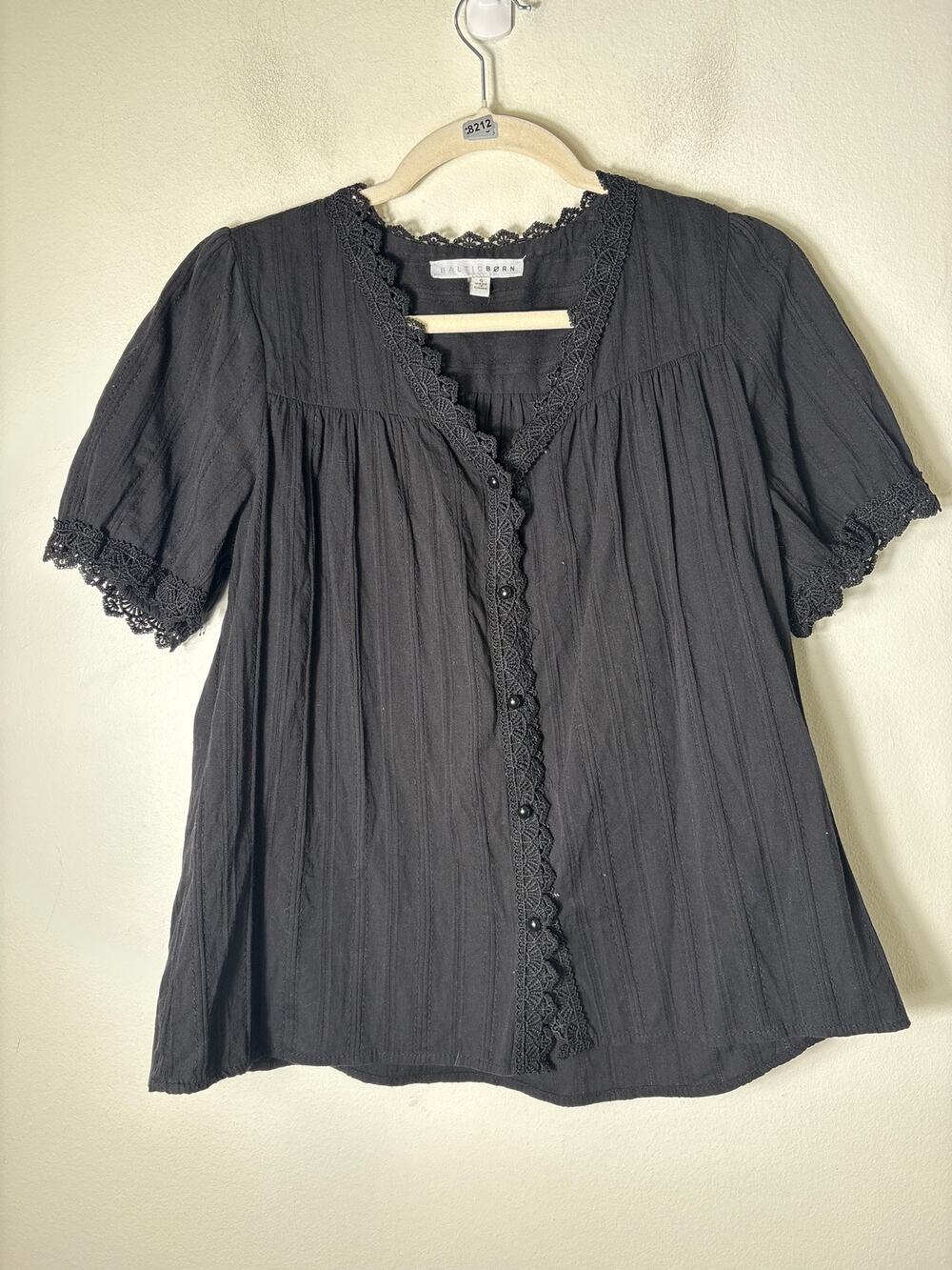 Baltic Born Black Embroidered Trimmed V Neckline Button Up Shirt Sz S
